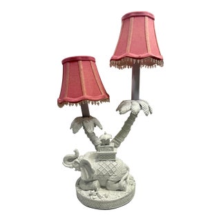 Chic Vintage Palm Beach Regency Whimsical Elephant Table Lamp Newly Painted White With Pink Beaded Shades For Sale