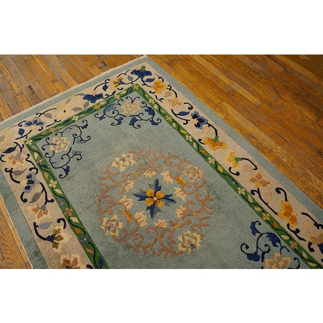 Early 20th Century 1920s Sky Blue Floral Medallion Antique Chinese Art Deco Rug 3'7" X 5'4" Handknotted Wool Carpet For Sale - Image 5 of 8