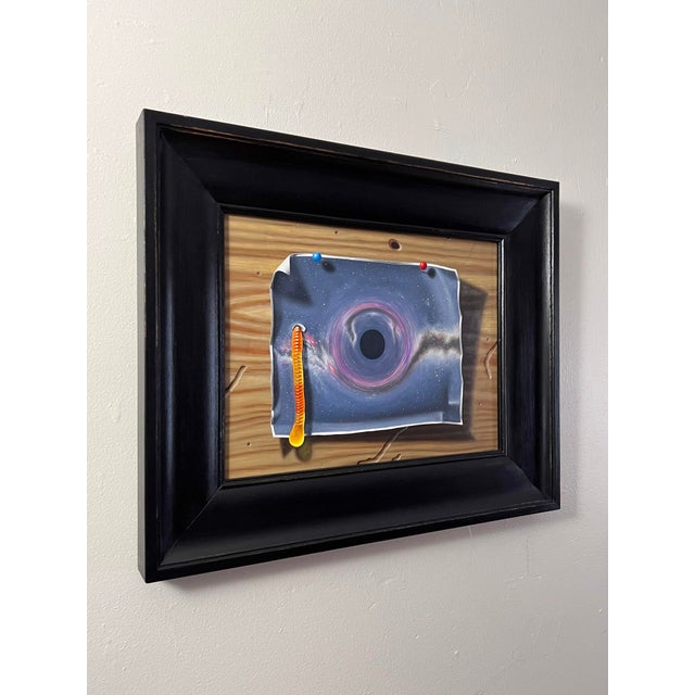 Surrealism Wormhole by Patrick Nevins | Oil on board Painting of a black hole on a torn paper background For Sale - Image 3 of 3
