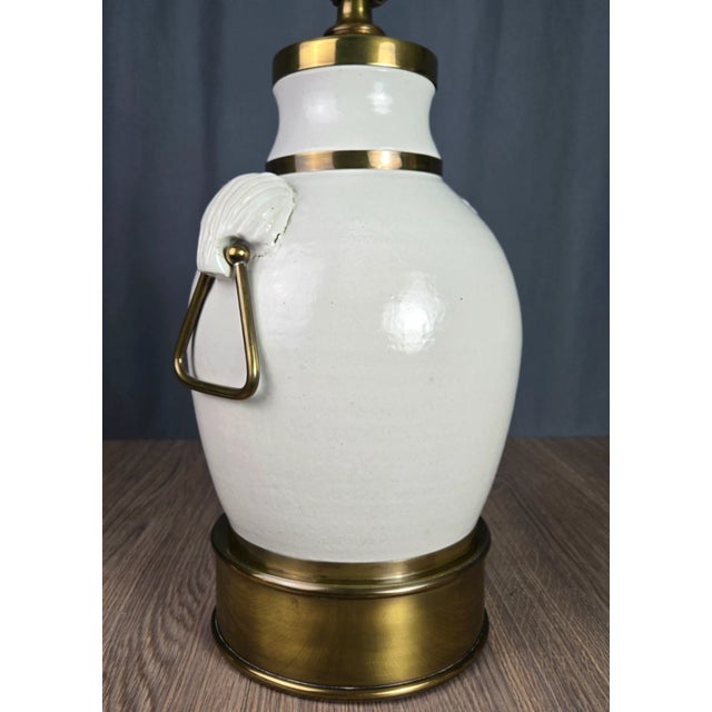 Hollywood Regency Vintage Hart & Associates Brass & White Pottery Table Lamp W Sea Shell Handles For Sale - Image 3 of 13