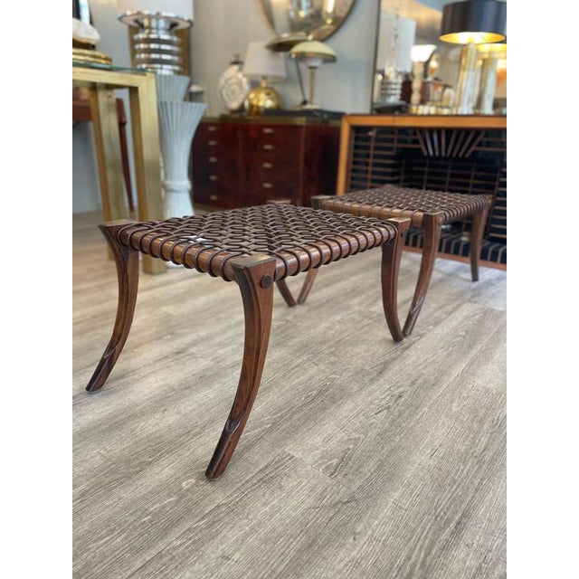 Klismos Bench in Wood with Saber Legs and Woven Leather by Pescetta Home Decoration For Sale - Image 12 of 13