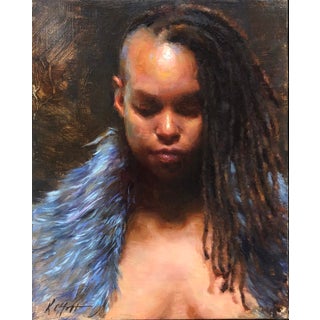 Mood by Karen Offutt | Oil on board Portrait of a person with dreadlocks wearing a blue fur coat. For Sale