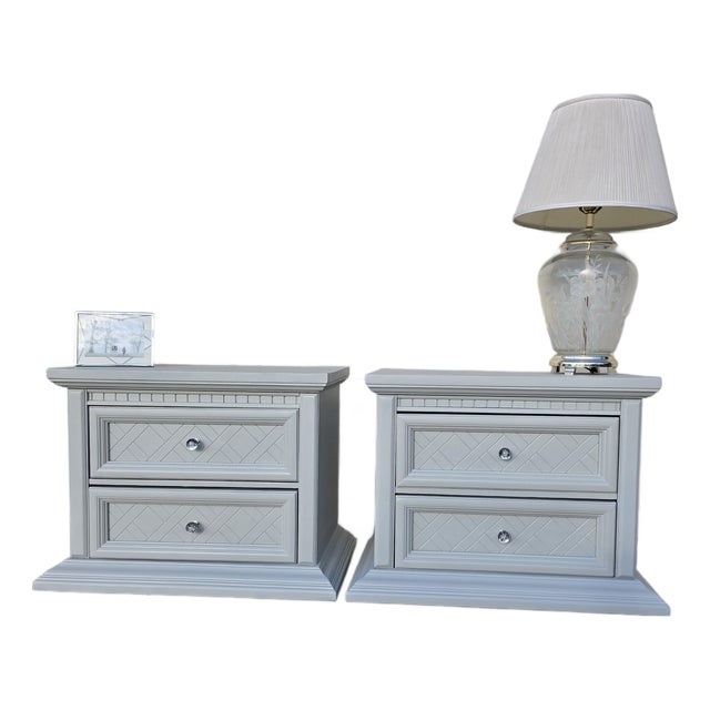 Vintage Oak Nightstands With Lattice Inlay, 2 Pieces For Sale