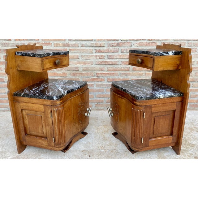 Art Nouveau Style Carved Nightstands or Bedside Tables with Marble Top, 1930, A Pair For Sale - Image 11 of 18