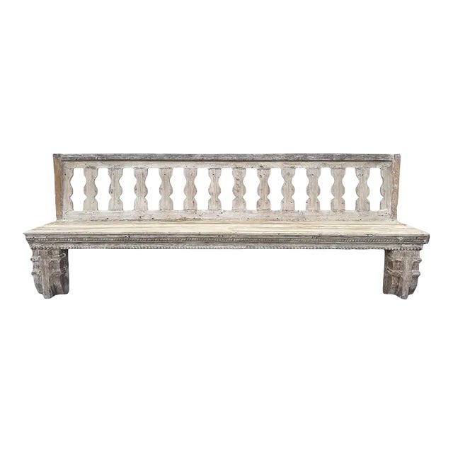 Vintage Long Banister Indian Farmhouse White Wash Bench For Sale