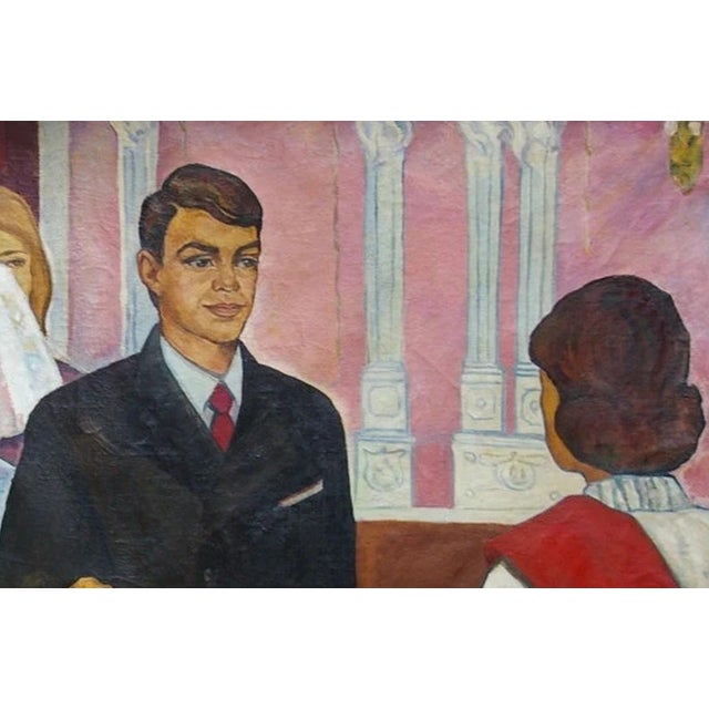 Campaign Weddingbirth Antique Oil Painting Original Socialist Realism Soviet Art Ukrainian Artist Novak 117-179 1970 For Sale - Image 3 of 6