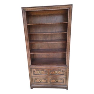 Late 20th Century Henredon Oak Bookcase With Four Drawers | Traditional Library Cabinet | 78"h For Sale