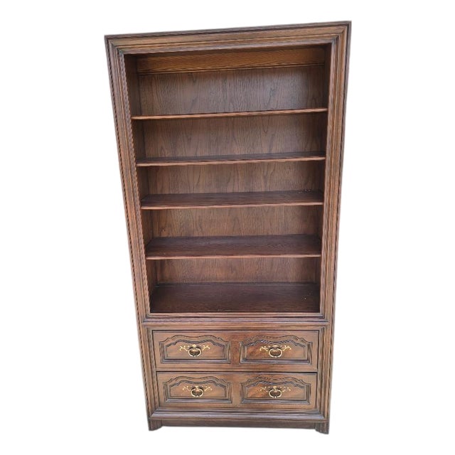 Late 20th Century Henredon Oak Bookcase With Four Drawers | Traditional Library Cabinet | 78"h For Sale