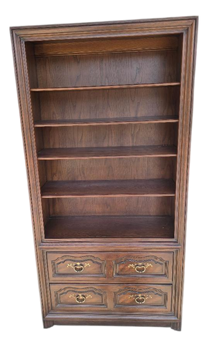 Late 20th Century Henredon Oak Bookcase With Four Drawers | Traditional Library Cabinet | 78"h