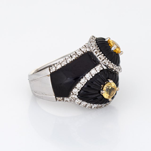 Modern Fluted Onyx Yellow Sapphire Ring Sz 6.5 Diamond Cocktail Jewelry Fine Estate For Sale - Image 3 of 7