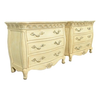 Henredon French Rococo Louis XV Carved Oak and Silver Gilt Marble Top Commodes or Chests of Drawers, Pair For Sale