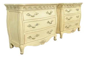Henredon French Rococo Louis XV Carved Oak and Silver Gilt Marble Top Commodes or Chests of Drawers, Pair