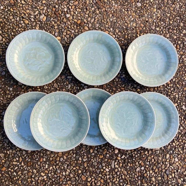 Vintage Mid 20th Century Koi Fish Celadon Plates- Set of 8 For Sale - Image 6 of 6