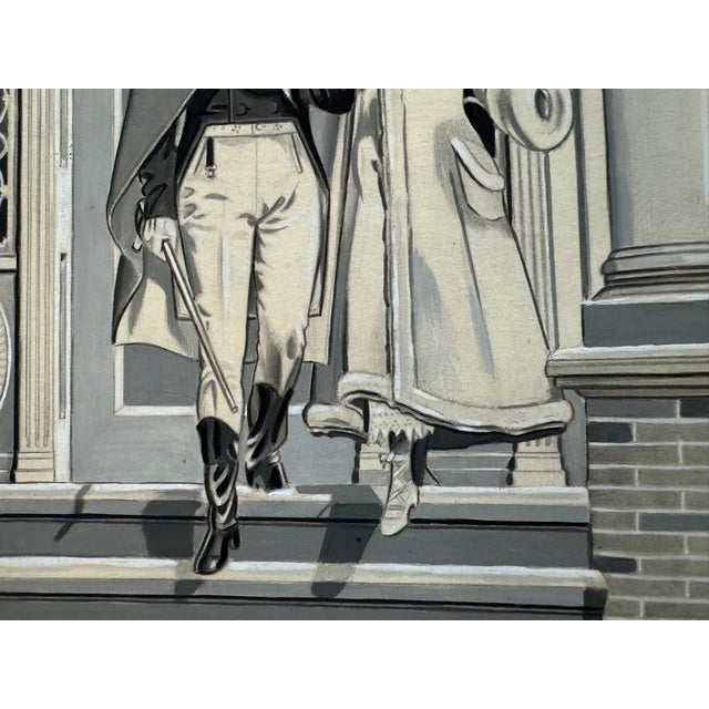 American Original Signed Graphite Illustration of Colonial Couple Leaving Townhouse, 11 X 9 In. For Sale - Image 3 of 5