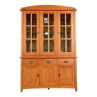 Stickley Style Mission Oak Arts & Crafts Lighted Breakfront Bookcase Cabinet For Sale