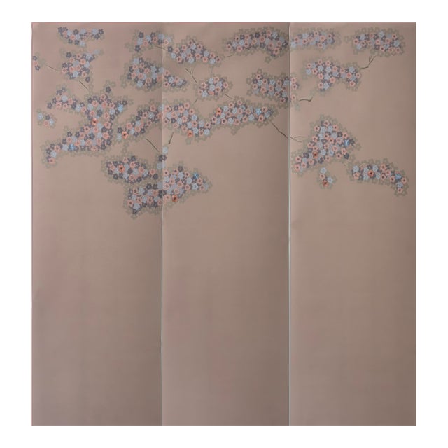 Taupe Hydrangea Chinoiserie Mural | 3-Panel Hand-Painted Wallpaper For Sale