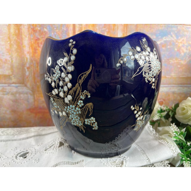 Antique French Cobalt Blue Faience Cache Pot, 1890s For Sale - Image 10 of 13