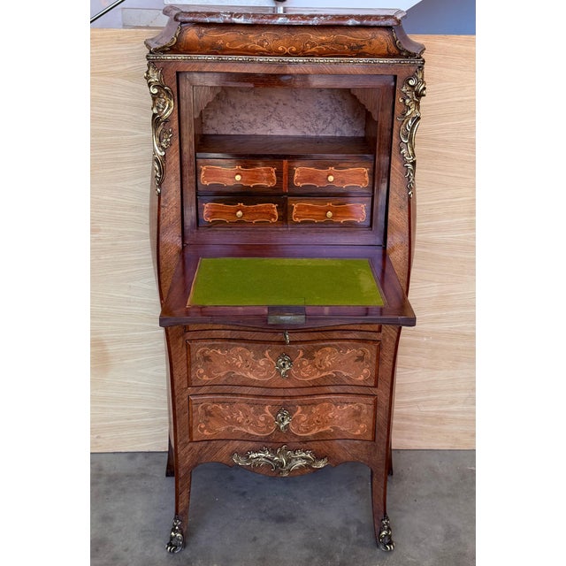19th Century Bombe Marquetry Secrétaire à Abattant, Marble Top and Bronze Mounts For Sale - Image 18 of 18