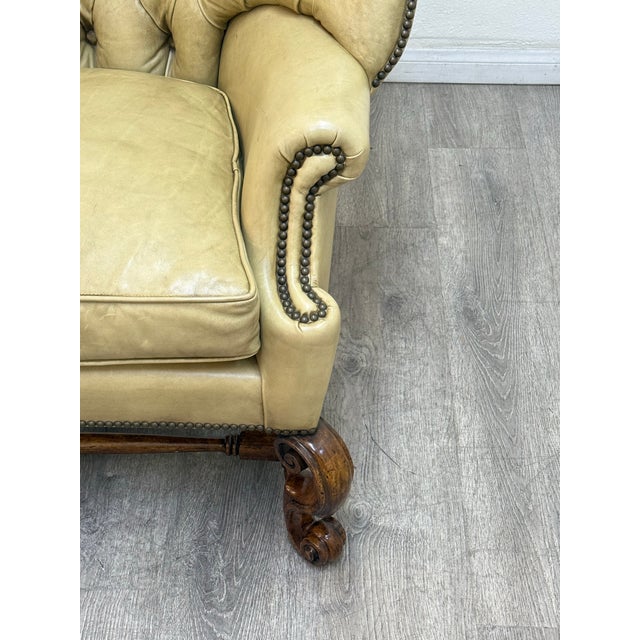 Khaki Wingback Leather Chair With Ottoman For Sale - Image 8 of 12