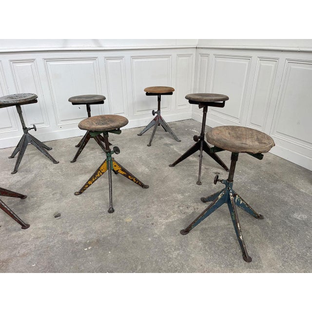 Brown Quadripod Stools attributed to Jean Prouvé, 1950s, Set of 9 For Sale - Image 8 of 9