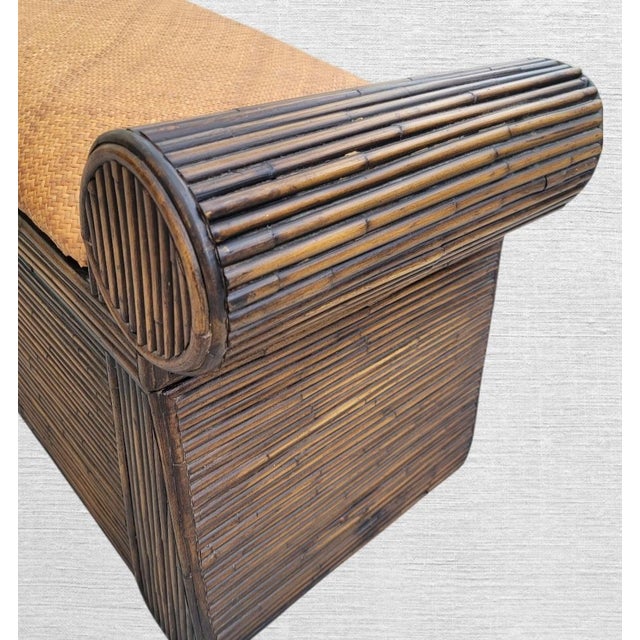 1990s Vintage Wicker Brown Pencil Reed Tan Wicker Storage Flip Top Bench For Sale - Image 5 of 10