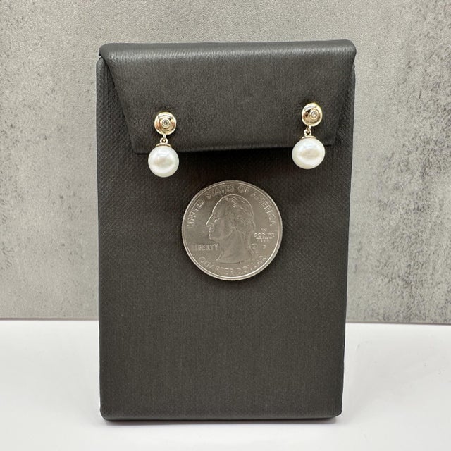 Early 21st Century Pearl Diamond Dangle Earrings 10kt Yellow Gold 6.5mm Threaded New, Pair For Sale - Image 5 of 6