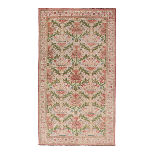 Antique Spanish Gallery Rug With Coral, Olive, and Cream Floral Design For Sale