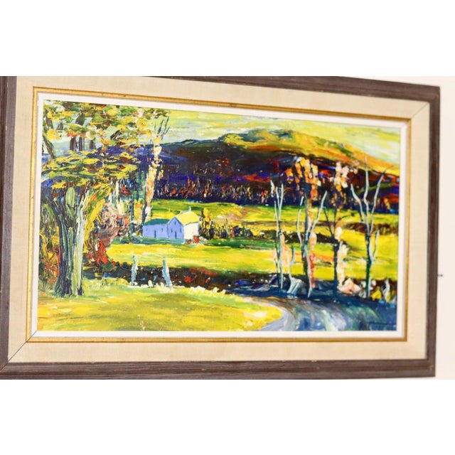 Countryside Serenity A vibrant landscape painting depicting a lush countryside scene. The artwork features a serene, open...