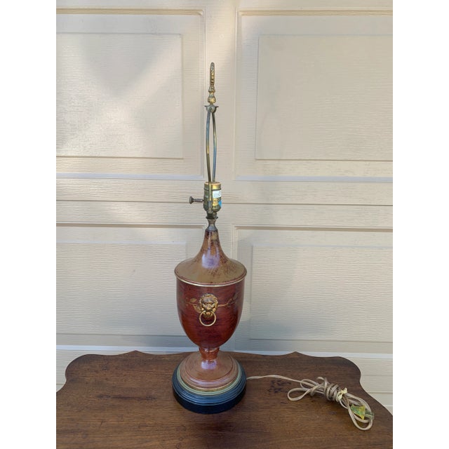 Brown and Gold Neoclassical Tole Lamp With Brass Lion Heads For Sale - Image 11 of 12