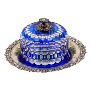 Cheese Bowl in Blue Cut Glass with Silver Plate, Set of 2 For Sale