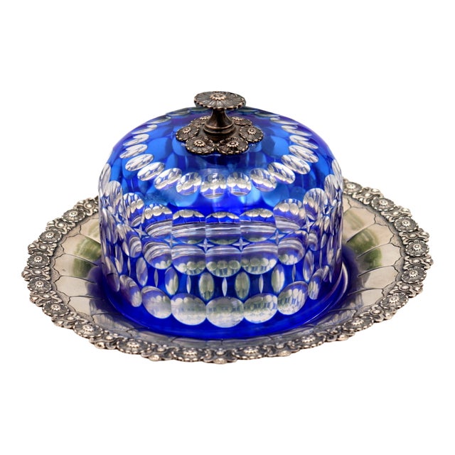 Cheese Bowl in Blue Cut Glass with Silver Plate, Set of 2 For Sale