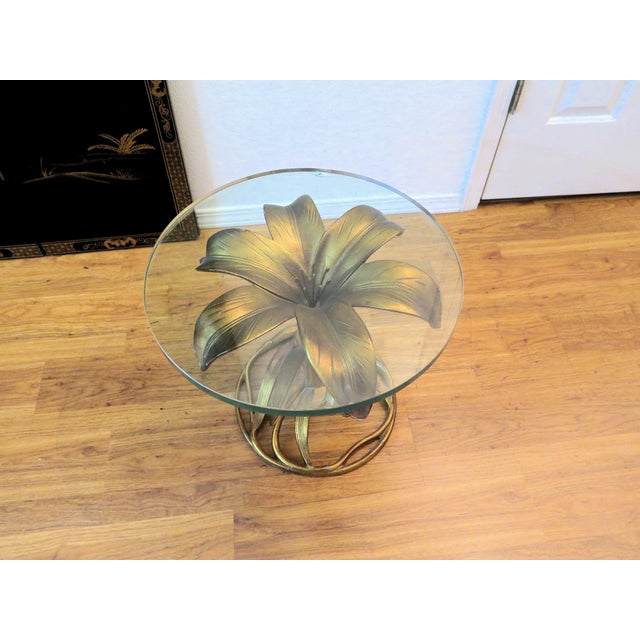 Mid-Century Modern Rare Vintage Arthur Court Verdigris Gilt and Glass Lily Flower Side Table/Single For Sale - Image 3 of 7