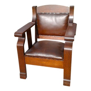 Antique Arts and Crafts Mission Arm Chair Quarter Sawn Oak Brown Oil Cloth 1920s For Sale
