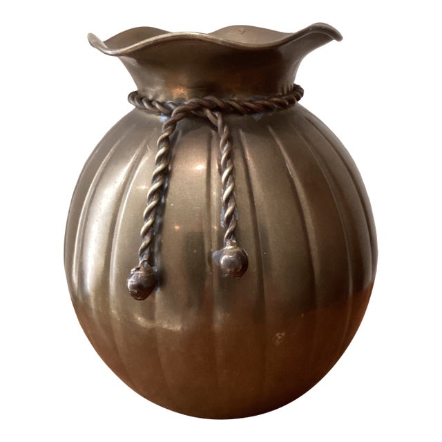 Mid 20th Century Penco Brass Vase W/Fluted Sides, Scalloped Top and Decorative Rope Tie For Sale