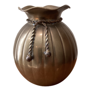 Mid 20th Century Penco Brass Vase W/Fluted Sides, Scalloped Top and Decorative Rope Tie