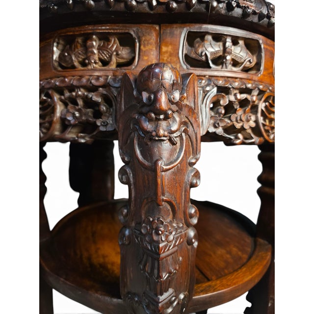 Asian Antique Companion Pair of Late Qing Dynasty–Early Republic Era Cantonese Carved Hardwood Marble-Top Stands For Sale - Image 3 of 14