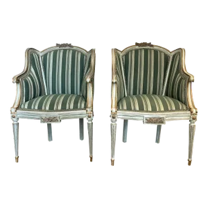 1900s Antique Carved Chairs With Green Stripe Fabric, a Pair