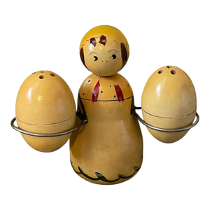 Early 20th Century Asian Village Girl With Eggs Antique Salt and Pepper Shakers Set - 3pcs