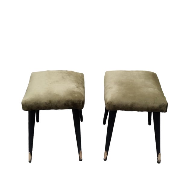 Set of Vintage Italian Wood and Fabric Stools, 1950s For Sale - Image 4 of 6