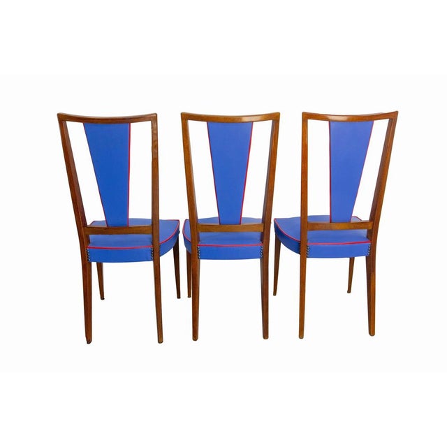 Mid-Century French Blue Red Border Dining Chairs in Teak and Skai, 1960, Set of 6 For Sale - Image 9 of 14