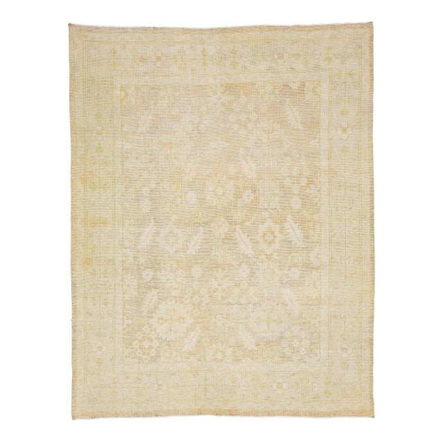 2020s Turkish Antique Style Oushak Wool Rug Beige Handmade With Allover Motif For Sale