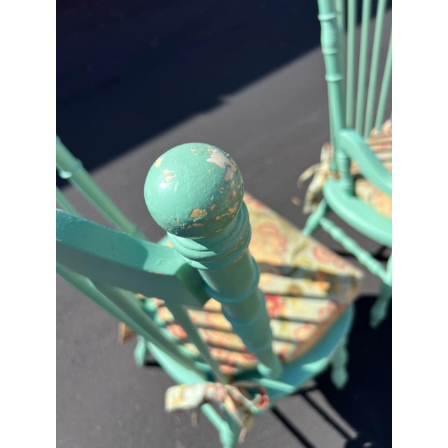 Farmhouse Two-Tone Dining Table With 6 Mint Green Windsor Chairs For Sale - Image 4 of 12