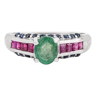 Unique Design Emerald Ruby Diamond Statement Ring Crafted in 925 Silver - Size 6 For Sale