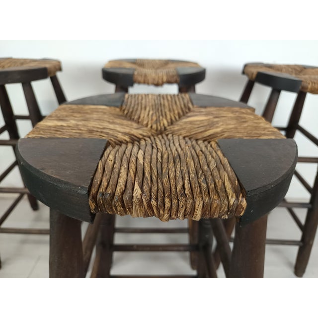 Brutalist Stools in Wood and Straw, 1950s, Set of 4 For Sale - Image 10 of 15