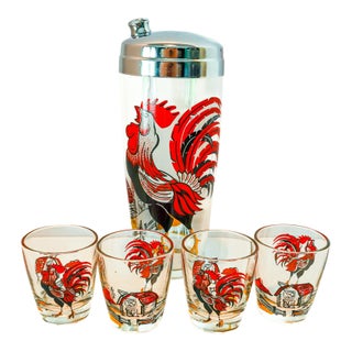 Vintage 1950s Mid-Century Cocktail Shaker Set - Gay Fad Studios / Dyball Style "Provincial Rooster" Pattern - 5 Pieces For Sale
