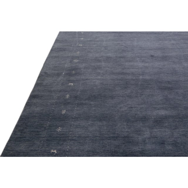 Modern Gabbeh Style Hand-Loom Minimalist Pattern Blue Wool Rug For Sale - Image 9 of 11