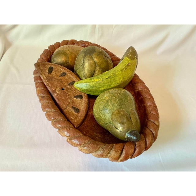Mid-Century Modern Vintage Terra Cotta Pottery Bowl With Metal Clad Fruit For Sale - Image 3 of 12
