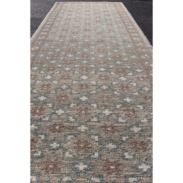 Taupe Turkish Oushak Runner With Repeating Floral Motif in Taupe and Seafoam Green For Sale - Image 8 of 10