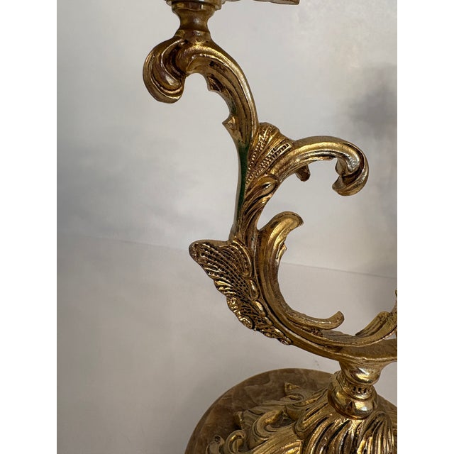 1960s Hollywood Regency Palm Tree Brass Candleabras on a Marble Base - A Pair For Sale - Image 4 of 10