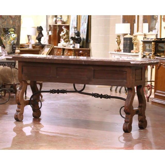 19th Century Spanish Baroque Carved Oak Console With Breccia Marble Top For Sale - Image 11 of 12